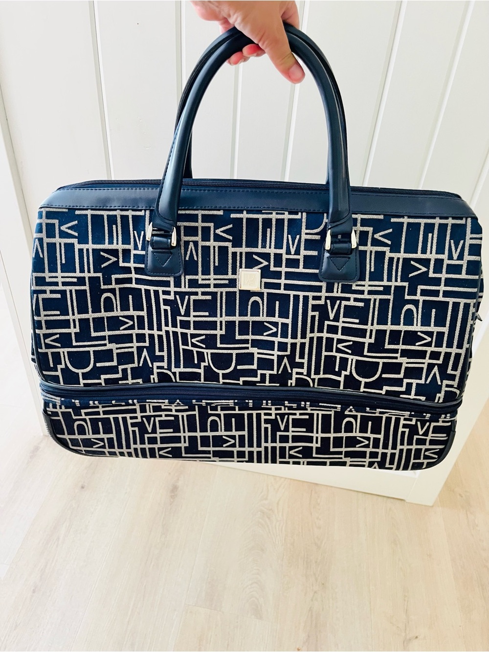 Diane Von Furstenberg Structured Navy and White Geometric Travel Weekender